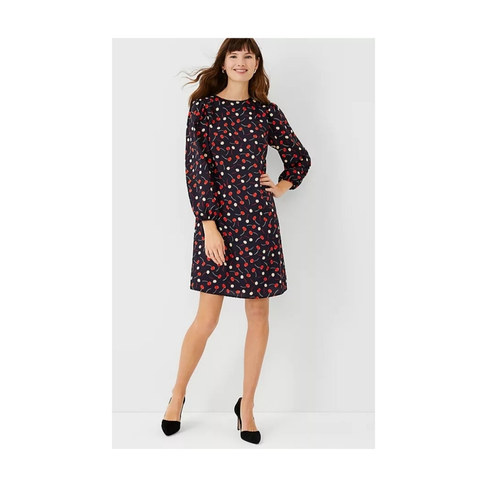 Ann Taylor Cherry Print Long Sleeve Shift Dress Red/Navy Blue Size M LIKE NEW